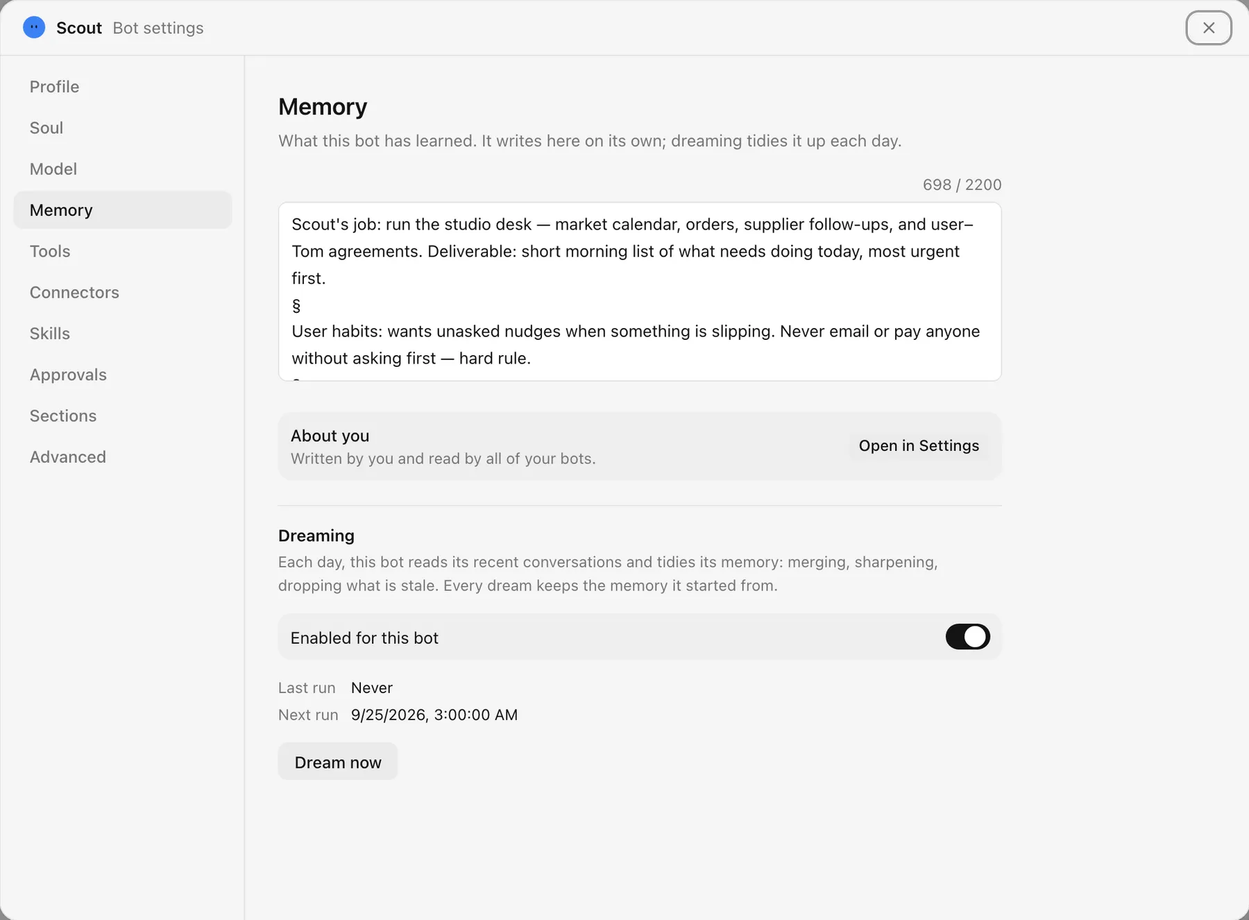 Scout's Memory settings with its notes, the About you link, and the dreaming schedule.