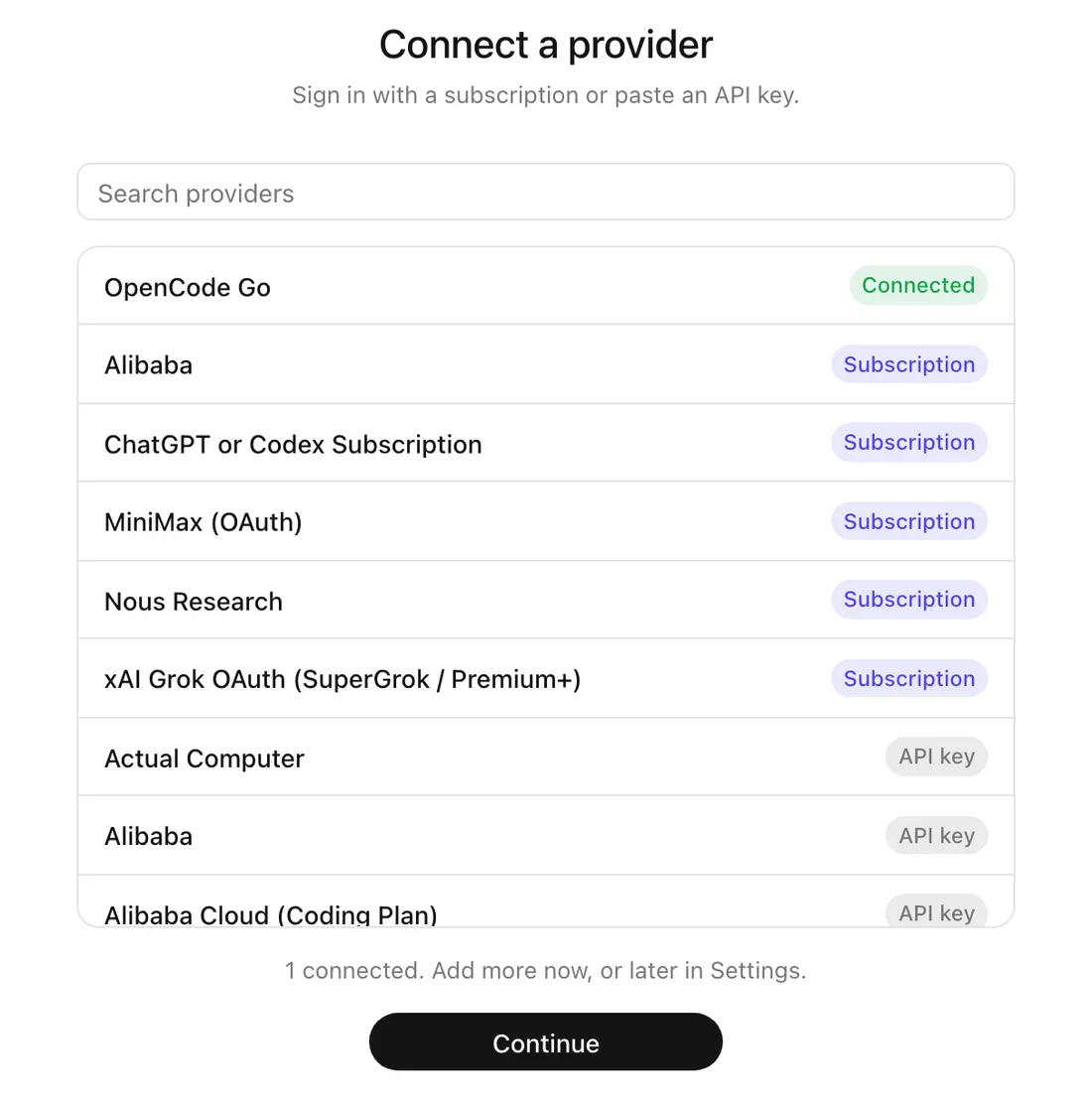 The Connect a provider step, with OpenCode Go connected and subscription providers listed.