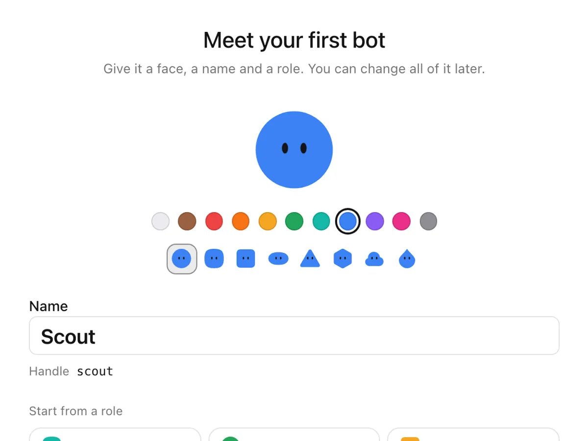 The Hexbot bot builder with a blue round face named Scout.