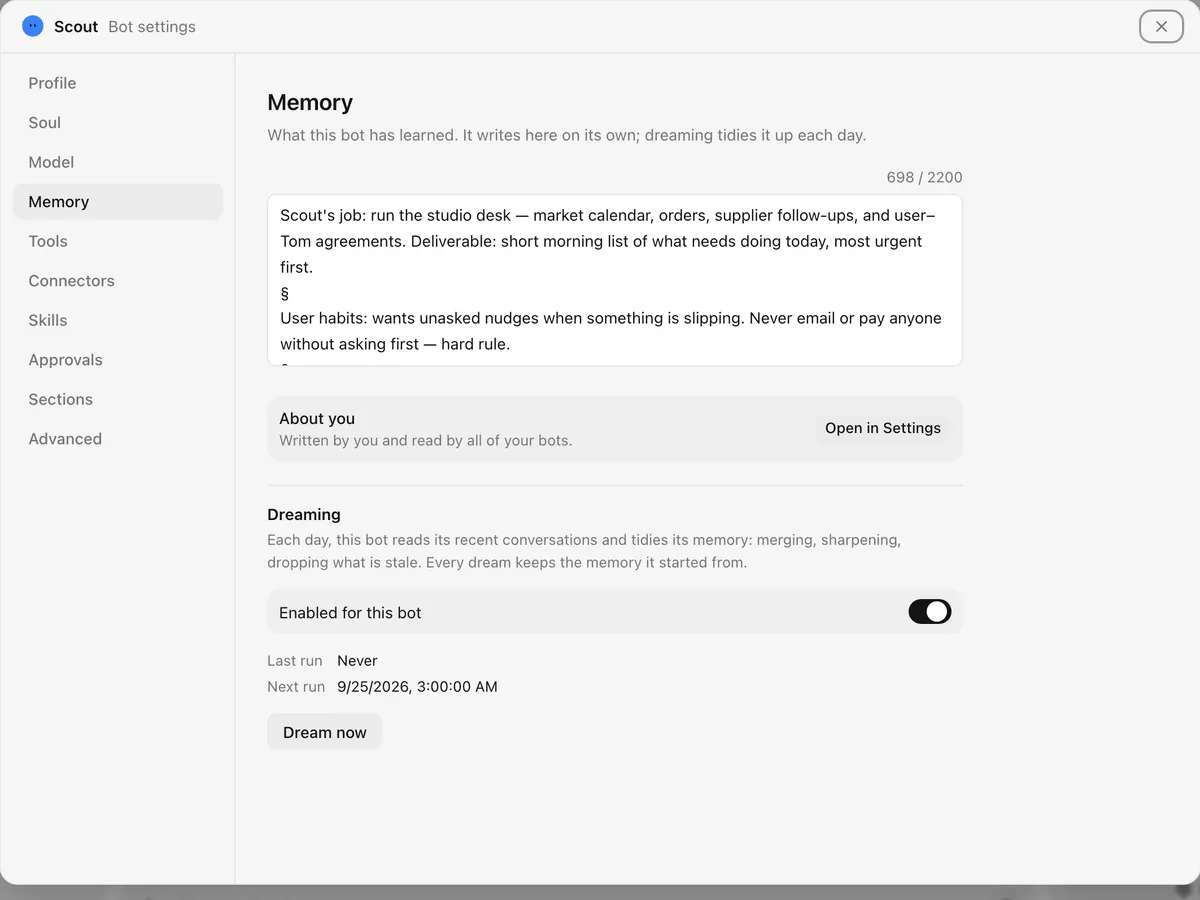 Scout's memory settings showing its notes and the daily dreaming schedule.